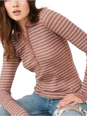 Free People Delilah Striped Checker Polo Knit Henley Ribbed Rust Preppy Sz S